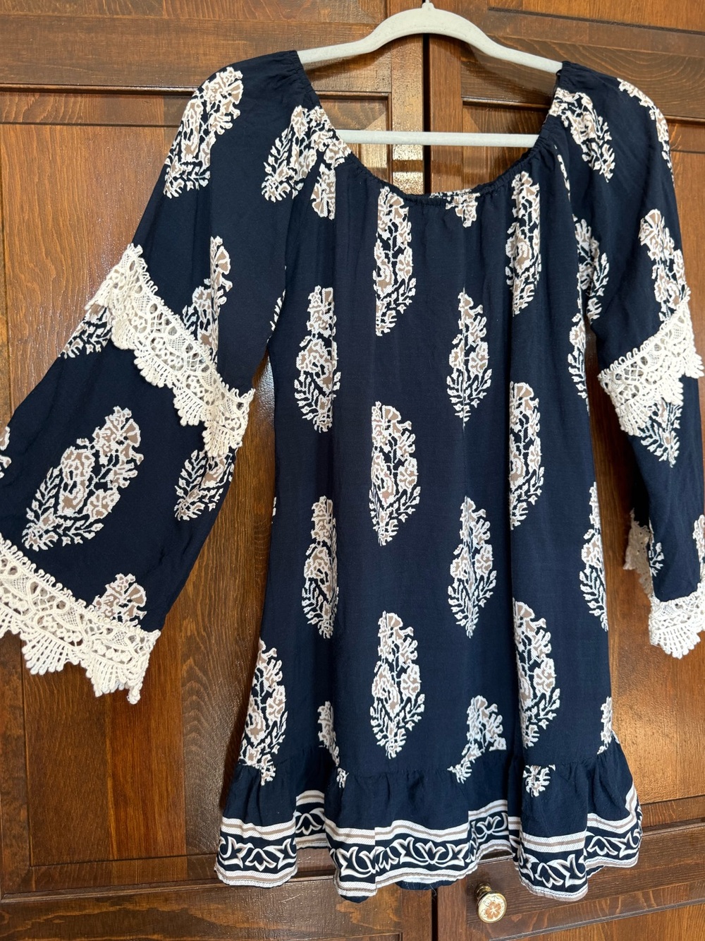 JODIFL Boho Off The Shoulder Tunic Top Crochet Lace Bell Sleeve Navy size Small